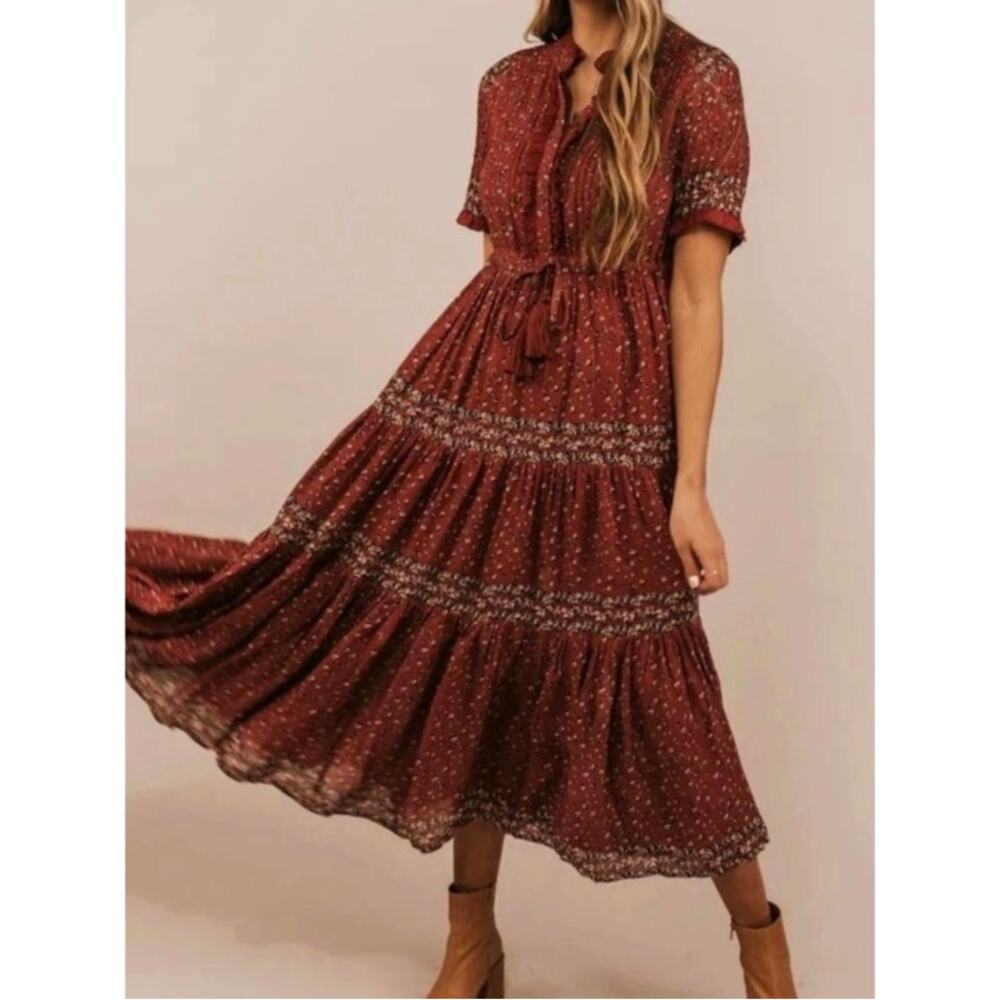 Free People Feeling Maxi Dress Rosy Mauve Ditsy Floral Tiered Boho Size Small